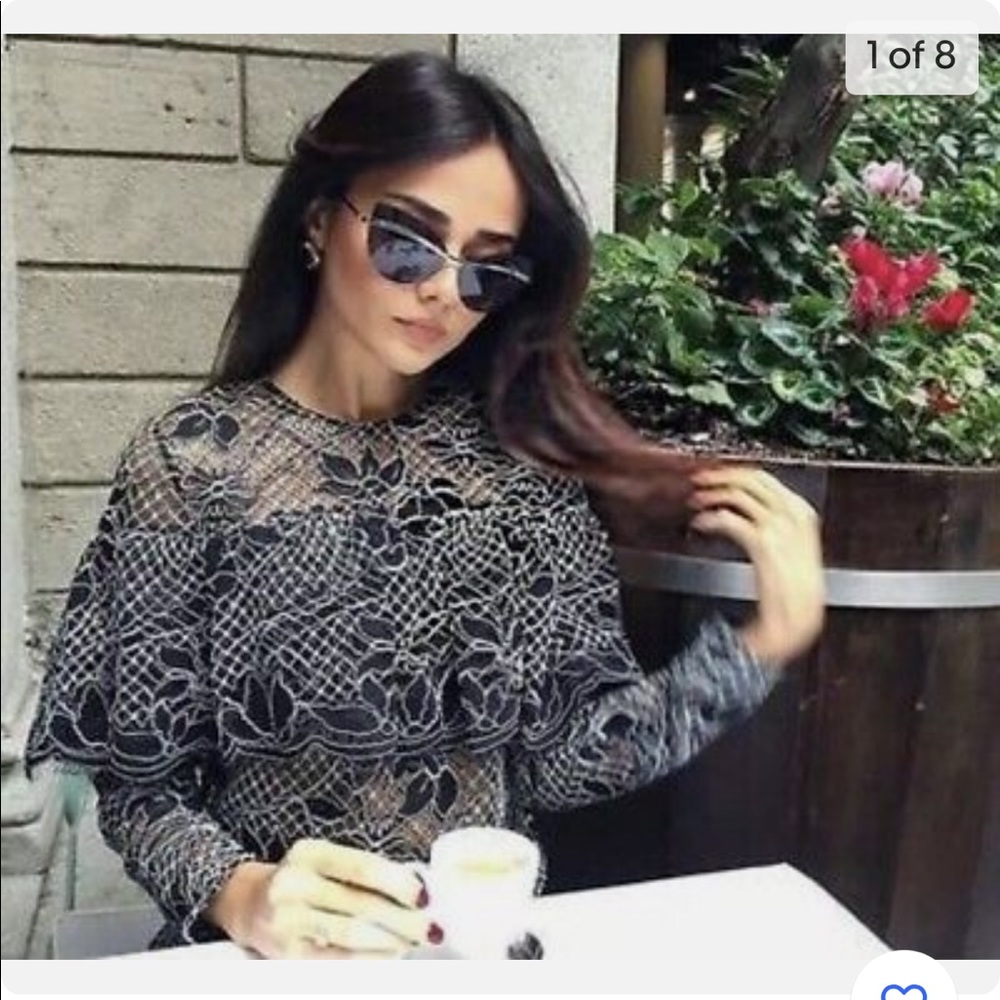 Zara Black and White Lace Blouse with Frill